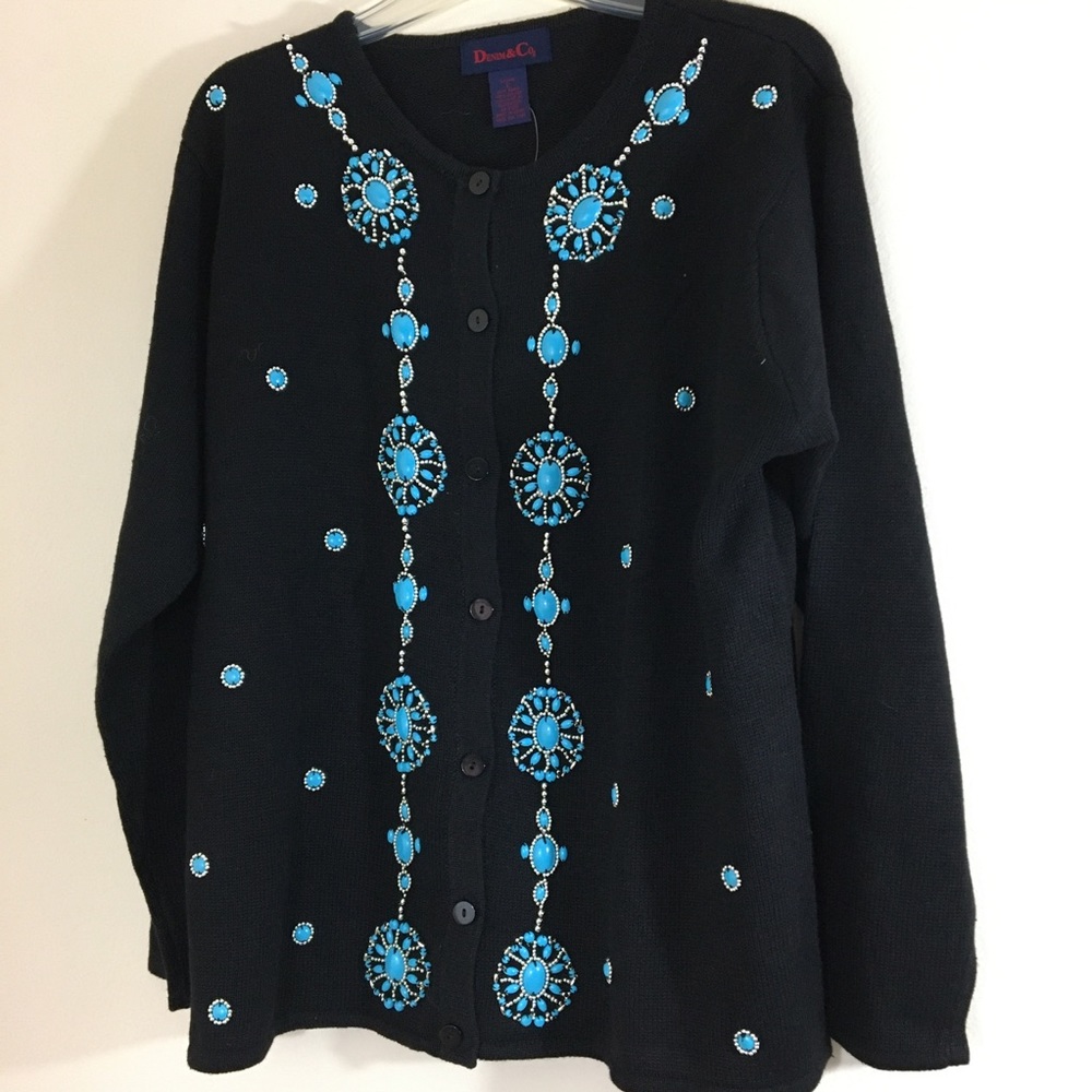Denim & Company Cardigan Sweater with Turquoise Beading Size Large NWOT